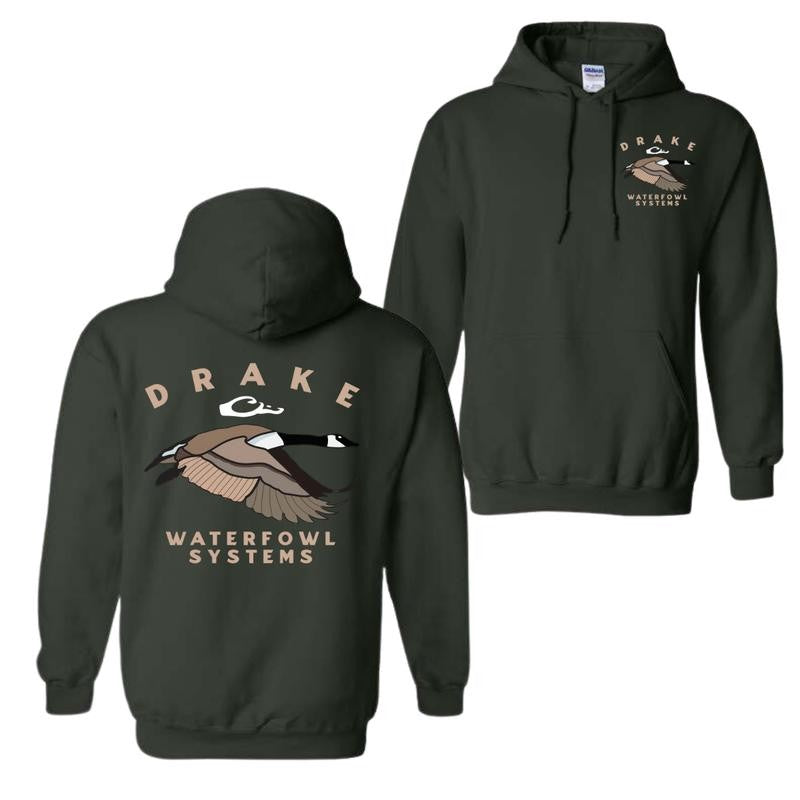 Drake Waterfowl Systems Hoodie - Classic Black Pullover with Bold Duck Design, Cozy Unisex Sweatshirt for Waterfowl and Outdoor Enthusiasts