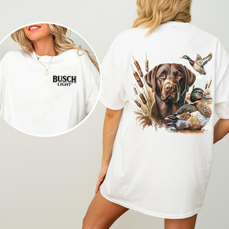 Busch Light Dog Hunting Duck 2-Sided Graphic Shirt, Mallard Hunting Shirt for Men, Dog Hunt Tee, Soft Cotton Fabric Tshirt, Classic Casual Womenswear