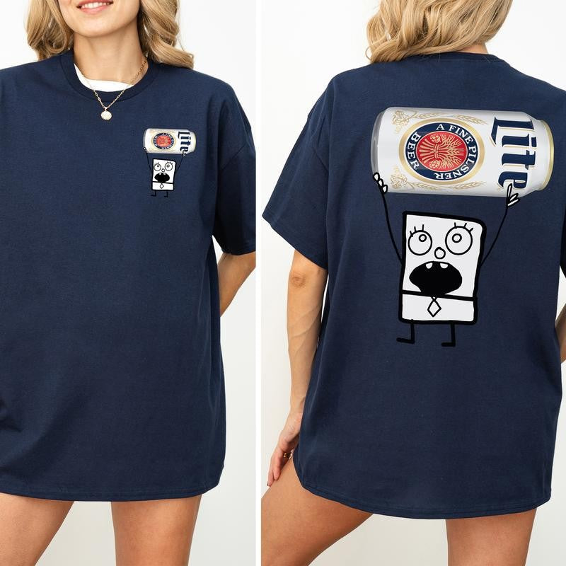 DoodleBob Miller Lite Unisex T-Shirt, Doodlebob Beer Graphic 2 Sided Shirt, Vintage Drink T-Shirt, Drinking Tshirt for Men, Comfort Cotton Fabric Tshirt, Printed Graphic Women's Top, Casual Womenswear, Drink Shirt