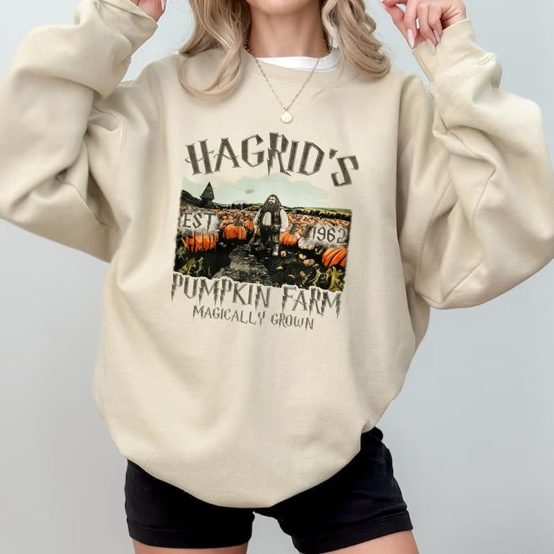 HP Hagrid's Pumpkin Farm Unisex Sweatshirt Hoodie Shirt Cotton Relaxed Fit, Hogwarts T-Shirt