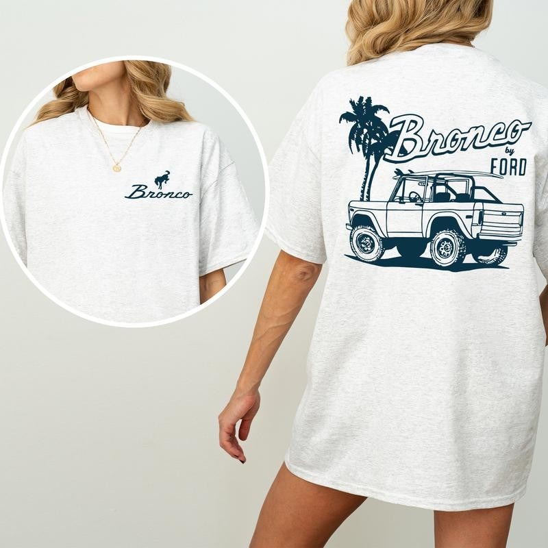 Vintage NDC Ford Bronco Graphic 2 Sided Shirt, Unisex Summer Beach Scene T-Shirt, Driving Tshirt for Men, Soft Cotton Fabric Tshirt, Casual Womenswear