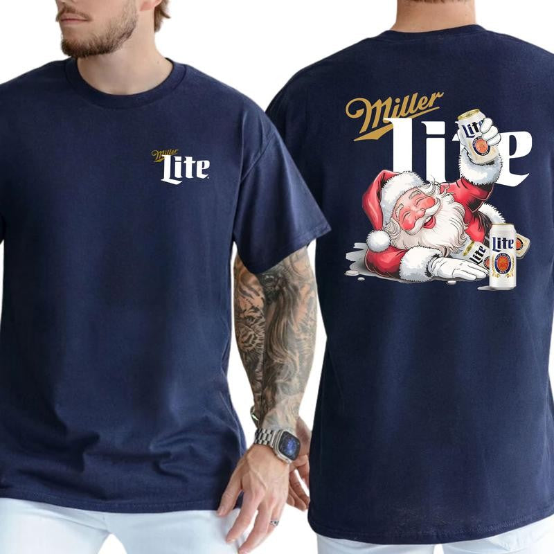 Funny Miler Lite Drunk Santa Claus Christmas Shirt, Soft Fabric Short Sleeve Shirt