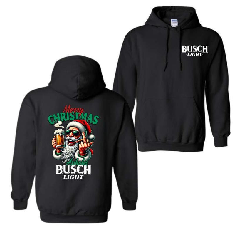 Busch Light, Merry Christmas Santa Claus Drink Beer 2 Sided Hoodie, Christmas Sweatshirt with beer, Perfect for outings and holidays, Unisex for Men and For Women
