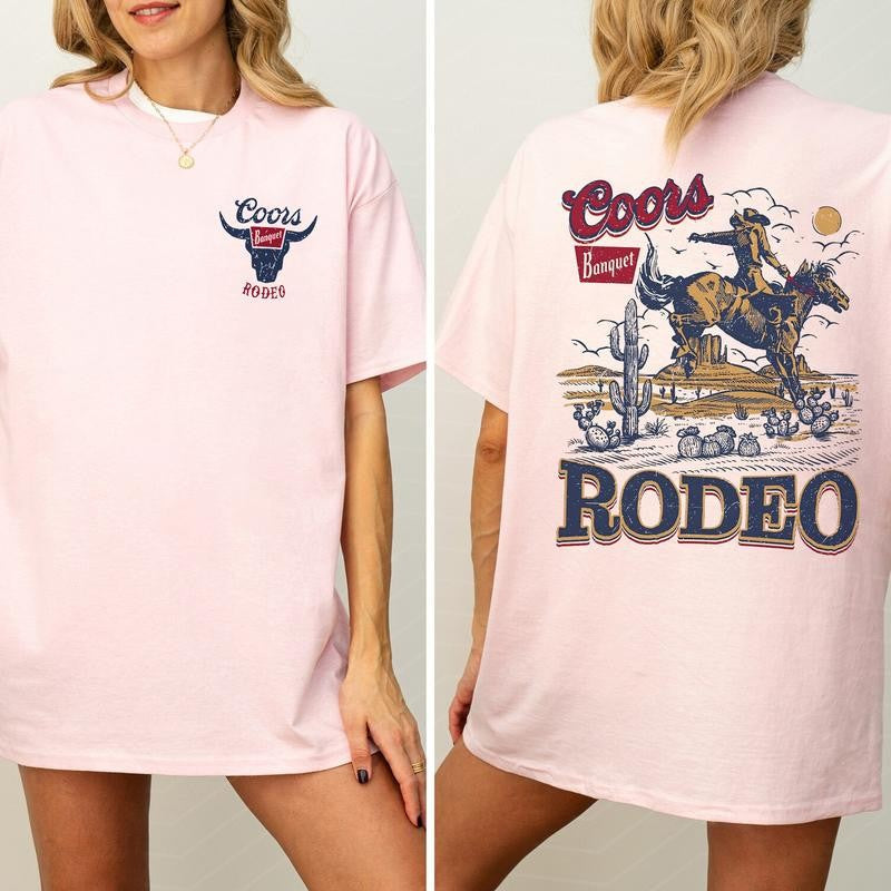 Coors Rodeo Vintage Graphic 2 Sided Shirt, Retro Rodeo T-Shirt, Wild Rodeo Yee Haw Cowboy T-shirt, Cowgirl Comfort Clothing, Cotton Fabric Tshirt, Printed Women's Top, Casual Womenswear, Drink Shirt