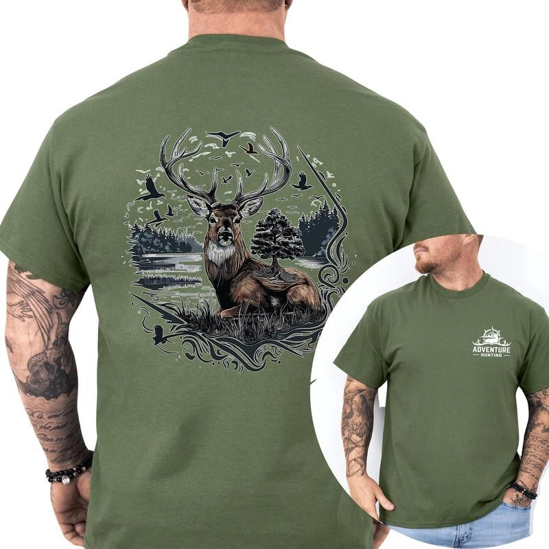 Adventure Hunting T-Shirt - Bold Buck Deer Graphic Tee, Classic Cotton Top, Soft Fabric Shortsleeve Shirt Fashion Fashion