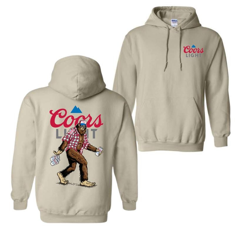 Coors Light Sasquatch Hoodie and T-shirt, Fun Bigfoot Design With Plaid Shirt And Coors Light Cans, Unisex Hoodie, Perfect For Beer Lovers And Outdoor Enthusiasts