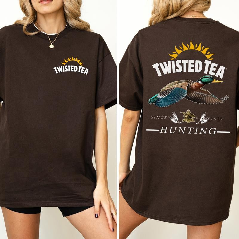 Vintage Twisted Tea Hunting Duck Shirt 2-Sided, Marllard Hunt Tshirt, Summer Hunting Graphic Printed Tee, Retro Drinking T-shirt, Drink Tee, Soft Cotton Fabric T-shirt, Women's Top, Casual Womenswear