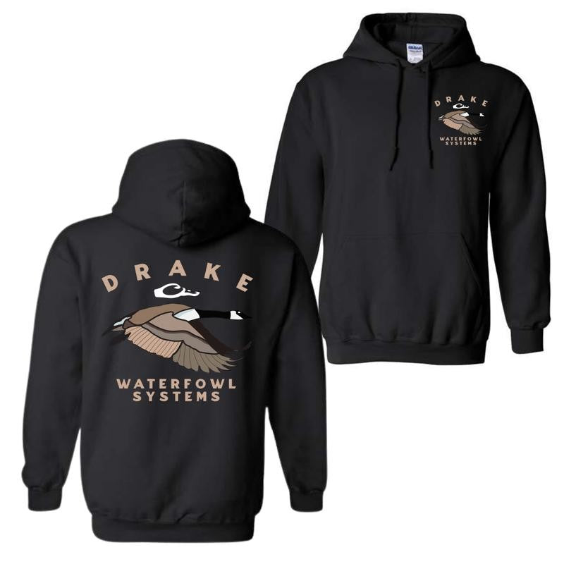 Drake Waterfowl Systems Hoodie - Classic Black Pullover with Bold Duck Design, Cozy Unisex Sweatshirt for Waterfowl and Outdoor Enthusiasts