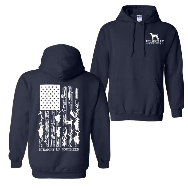 Straight Up Southern Hoodie, American Flag with Hunting and Fishing Icons Hoodie, Unisex Hoodie