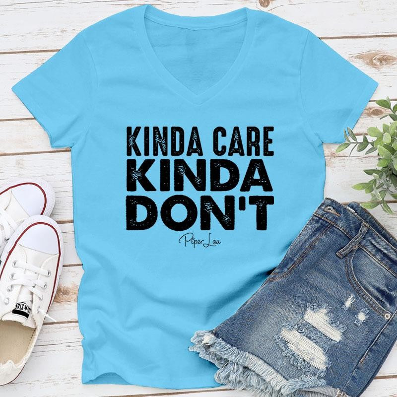 FLASH SALE | Kinda Care Kinda Don't Apparel, Proudly Printed In The USA, Tee / Tank / V Neck Gray / White / Blue / Hot Pink / Orange, #sassy #cute #blackprint