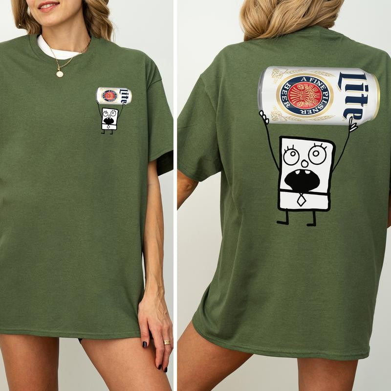 DoodleBob Miller Lite Unisex T-Shirt, Doodlebob Beer Graphic 2 Sided Shirt, Vintage Drink T-Shirt, Drinking Tshirt for Men, Comfort Cotton Fabric Tshirt, Printed Graphic Women's Top, Casual Womenswear, Drink Shirt