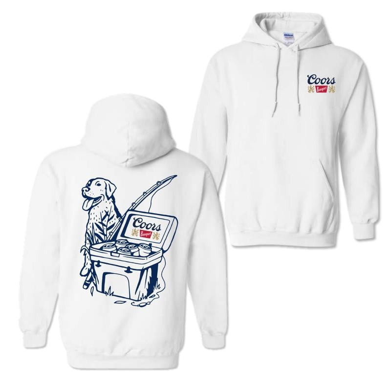Coors Banquet Hoodie, Fishing Scene with Dog & Cooler 2 sided Hoodie and T-shirt, Unisex Hoodie