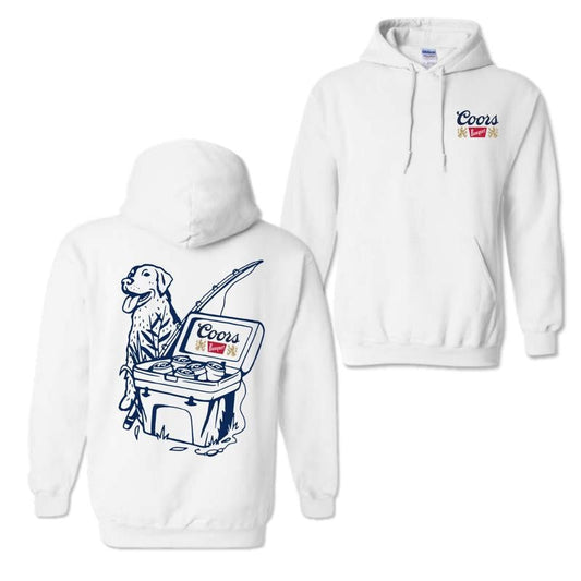 Coors Banquet Hoodie, Fishing Scene with Dog & Cooler 2 sided Hoodie and T-shirt, Unisex Hoodie