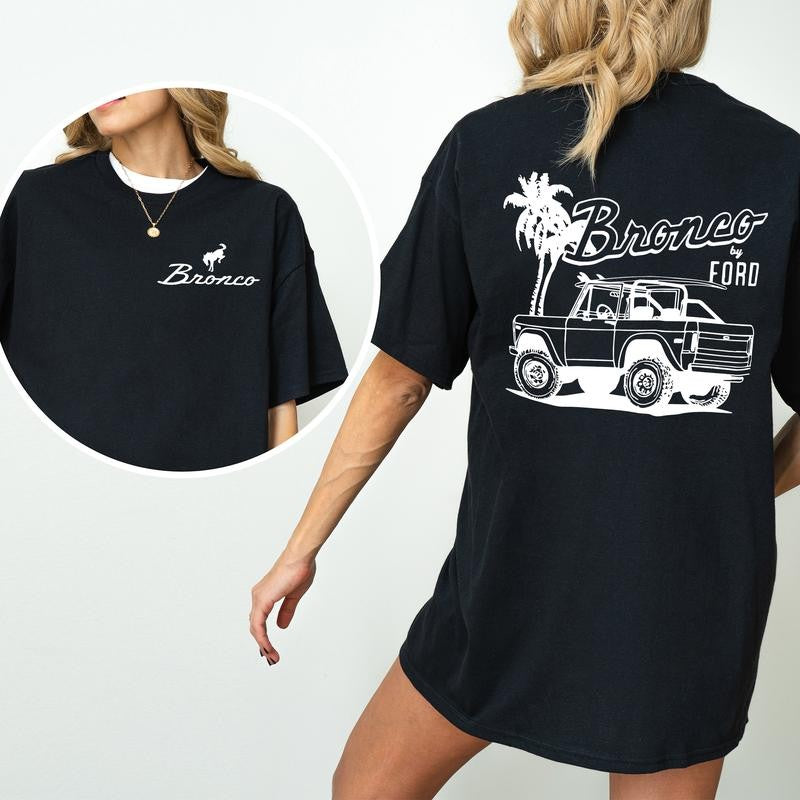 Vintage NDC Ford Bronco Graphic 2 Sided Shirt, Unisex Summer Beach Scene T-Shirt, Driving Tshirt for Men, Soft Cotton Fabric Tshirt, Casual Womenswear