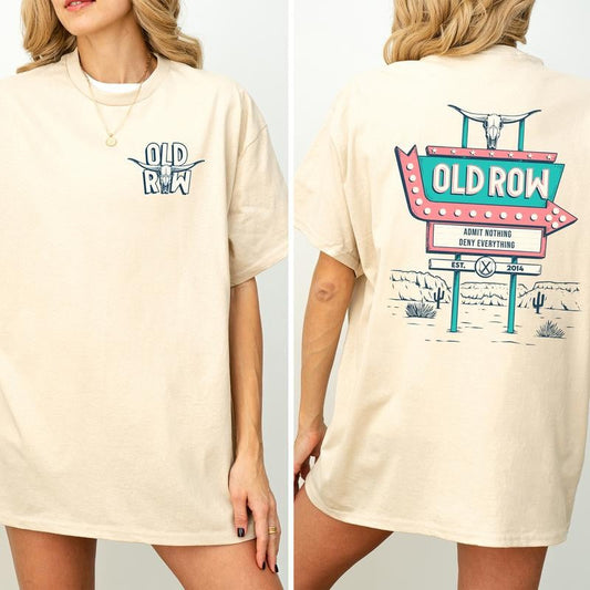 Retro Old Row Outdoors Road Sign 2-Sided Graphic Shirt, Vintage Old Row T-Shirt for Women, Girl Comfort Clothing, Cotton Fabric Tshirt, Printed Women's Top, Casual Womenswear, Drink Shirt