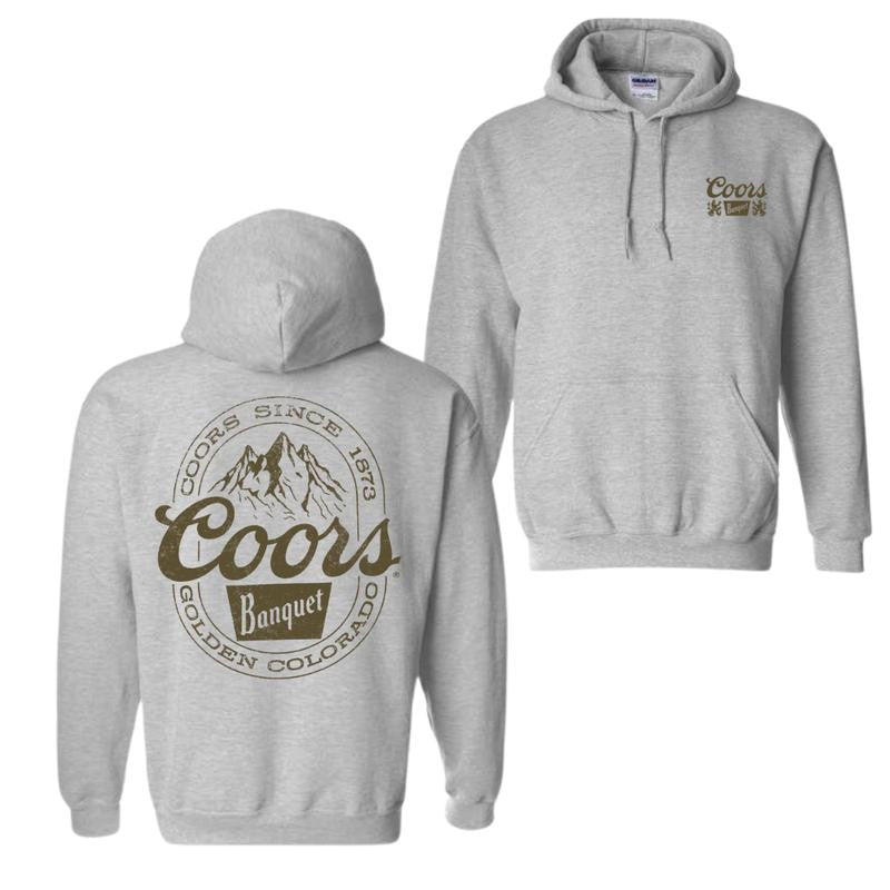 Coors Banquet Hoodie - Classic and Rugged Design Featuring Retro Coors Logo with Mountain Graphics, Comfortable Black Unisex Hoodie for Everyday Wear Menswear