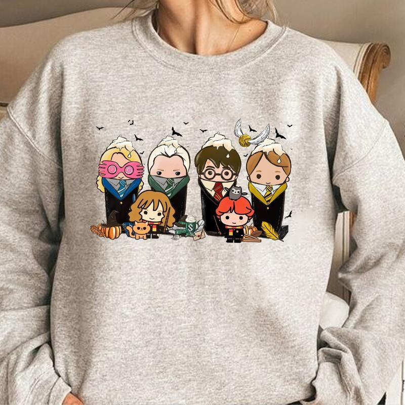 HP Spooky Season Cute Characters At Hogwarts Unisex Sweatshirt Hoodie Shirt Cotton Relaxed Fit