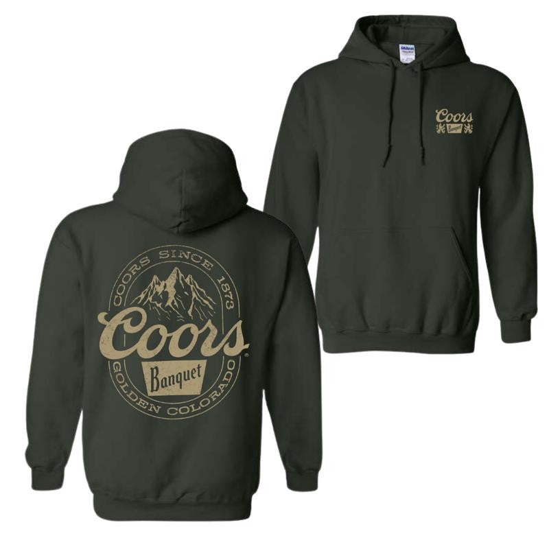 Coors Banquet Hoodie - Classic and Rugged Design Featuring Retro Coors Logo with Mountain Graphics, Comfortable Black Unisex Hoodie for Everyday Wear Menswear