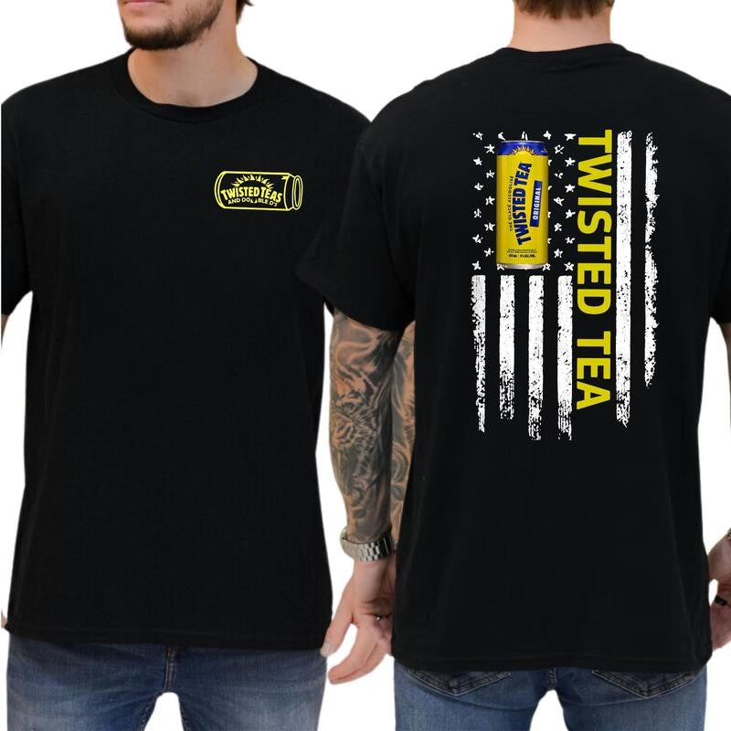 Casual, 2-Side Twisted Tea Logo Flag Funny T-Shirt, Full Color, For Men ,Gift For men, Casual.