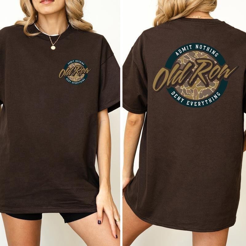 Vintage 80s Old Row Camo Shirt 2-Sided, Old Row Circle Logo Printed Tee, Retro OldRow T-shirt, Hunting Tee, Summer Drink Tee, Drinking Tshirt, Soft Cotton Fabric Women's Top, Casual Womenswear