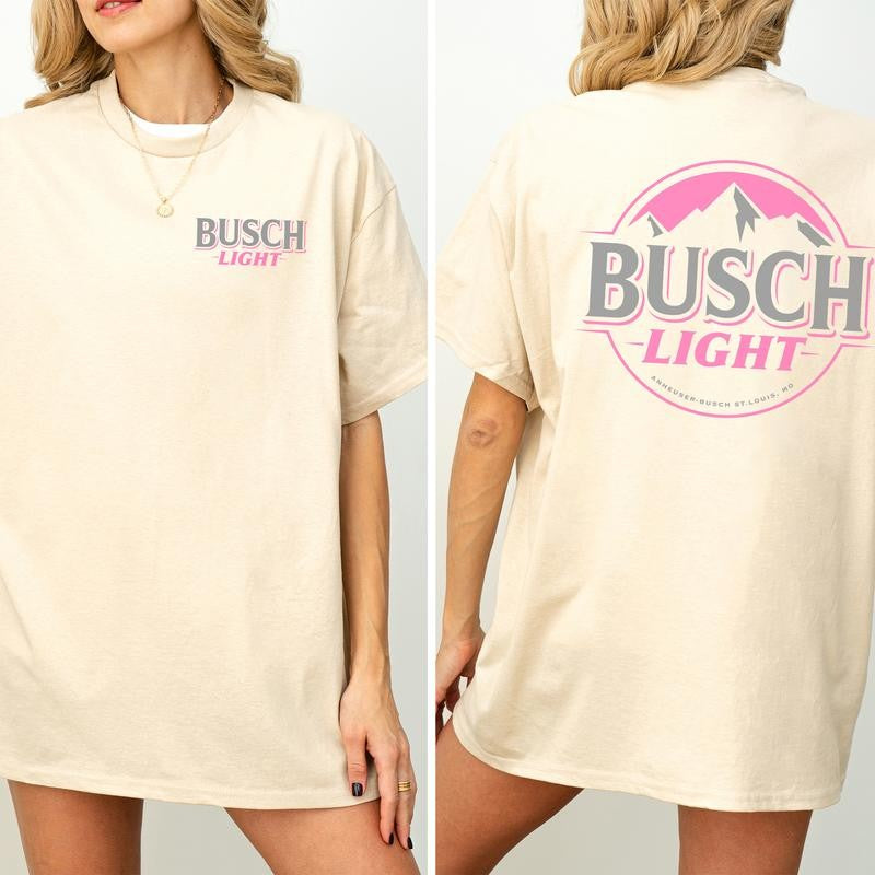 Women's Busch Light Shirt 2-Sided, Pink Logo Busch Light Tee, Summer Drink Graphic Printed Tshirt, Drink Tee for Girls, Drinking T-shirt, Soft Cotton Fabric T-shirt, Women's Top, Casual Womenswear