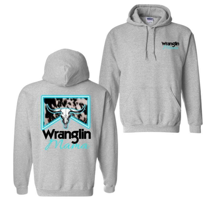 Wranglin' Mama Hoodie, Western-Inspired Graphic Hoodie, Trendy Ranch Life Hoodie, Stylish Western Apparel, Cozy and Comfortable Design