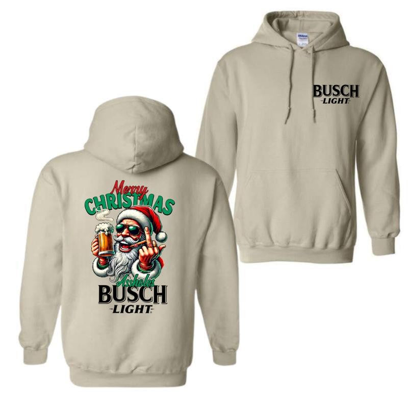 Busch Light, Merry Christmas Santa Claus Drink Beer 2 Sided Hoodie, Christmas Sweatshirt with beer, Perfect for outings and holidays, Unisex for Men and For Women