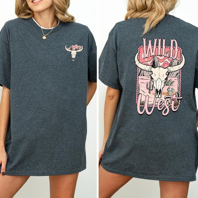 Vintage Bull Skull Wild West Graphic 2-Sided Shirt, Country Cowgirl Tshirt, Western Rodeo Cowboy T-shirt, Cotton Fabric Women's Top, Casual Womenswear