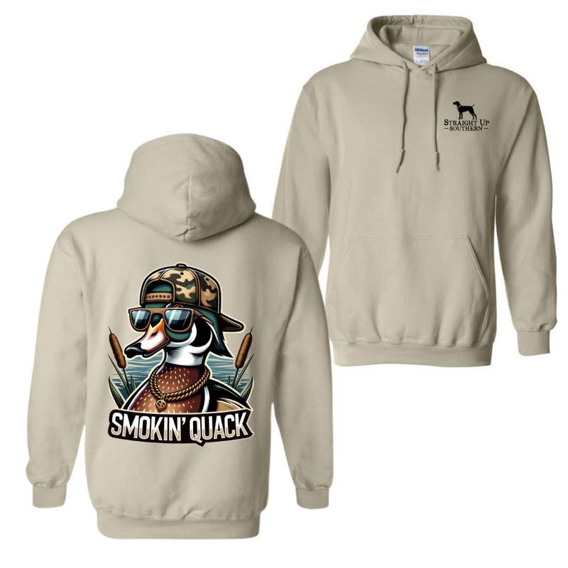 Smokin' Quack Hoodie and T-shirt - Sand design featuring a playful duck in sunglasses and a camo hat, unisex hoodies for man and women