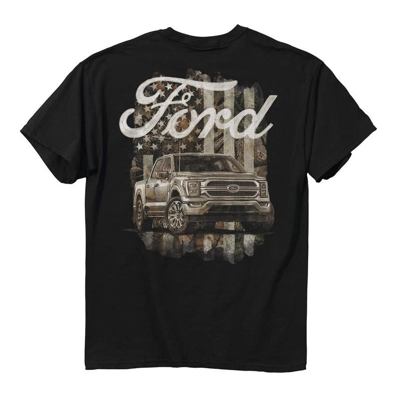 Ford F-150 Pickup Truck Camo American Flag Black T-shirt, Colorful Range, From Casual To Formal Styles, Diverse Wardrobe Choices, Menswear Top, Unisex