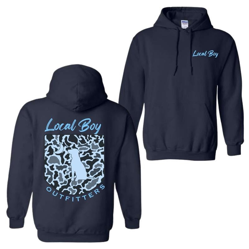 Local Boy Outfitters Hoodie - Blue Classic Camouflage Design Featuring a Dog and Moon Graphic, Perfect for Outdoor Enthusiasts and Casual Wear, Unisex Hoodie for Men and Women