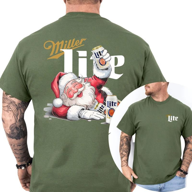 Funny Miler Lite Drunk Santa Claus Christmas Shirt, Soft Fabric Short Sleeve Shirt