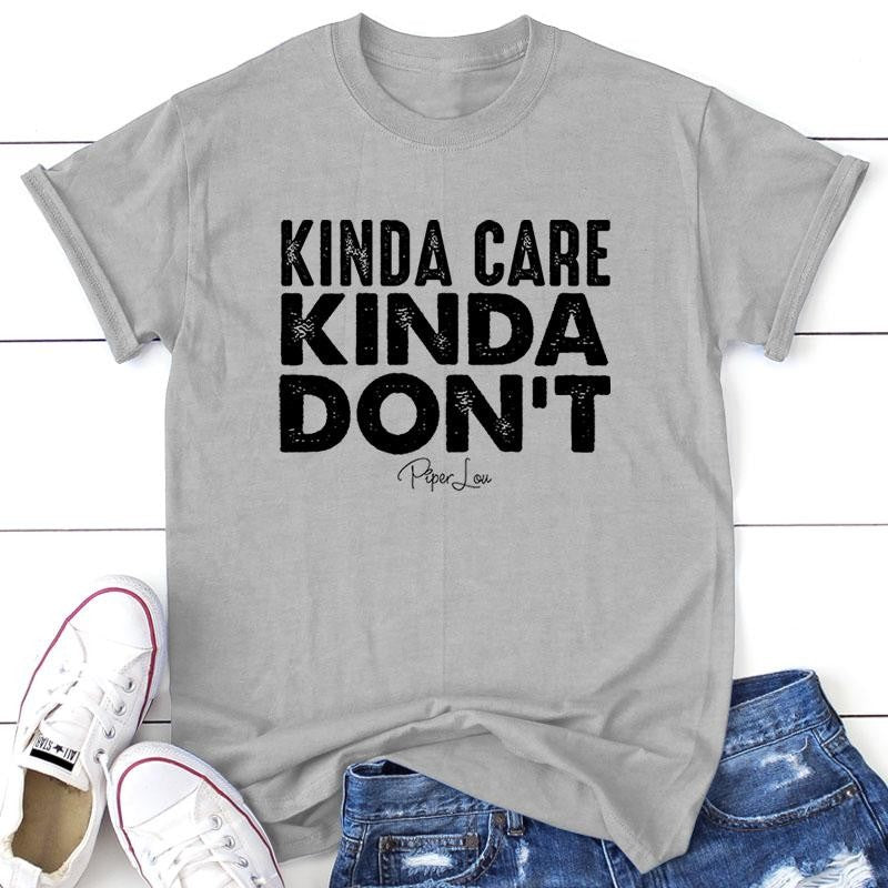 FLASH SALE | Kinda Care Kinda Don't Apparel, Proudly Printed In The USA, Tee / Tank / V Neck Gray / White / Blue / Hot Pink / Orange, #sassy #cute #blackprint