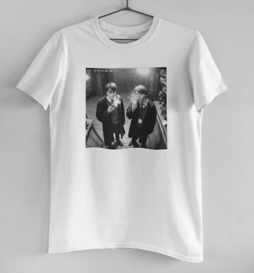 Harry Potter and Ron Weasley Smoking Cigar Vintage Look Funny Meme Shirt, Harty Potter 90s Retro Look Tee, Meme Movie Shirt Casual Round Neck