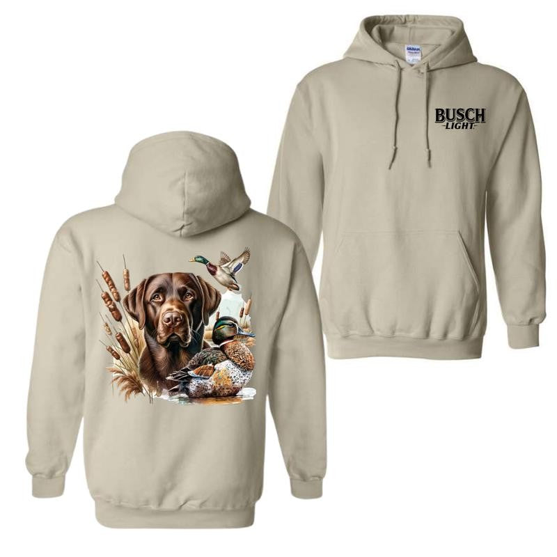 Busch Light Dog Friend Graphic 2 Sided Hoodie, Vintage Mallard Hunting Hoodie, Waterfowl Graphic Unisex Hoodie For Man For Women