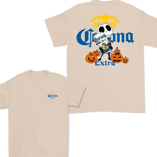 Jack Hug Corona Skellington Halloween 2 Sides T-shirt, Corona T-shirt, Corona Halloween T-shirt, Classic Cotton Unisex, High-Quality Printing, All Seasons, Casual Fitted, For Men And Women