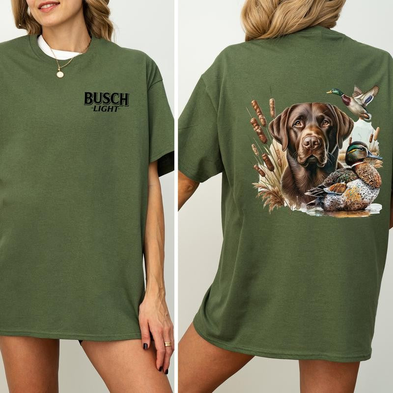 Busch Light Dog and Duck Graphic 2-Sided Shirt, Vintage Mallard Hunting Tshirt, Outdoors Dog Hunting Duck T-shirt, Cotton Fabric Casual Womenswear