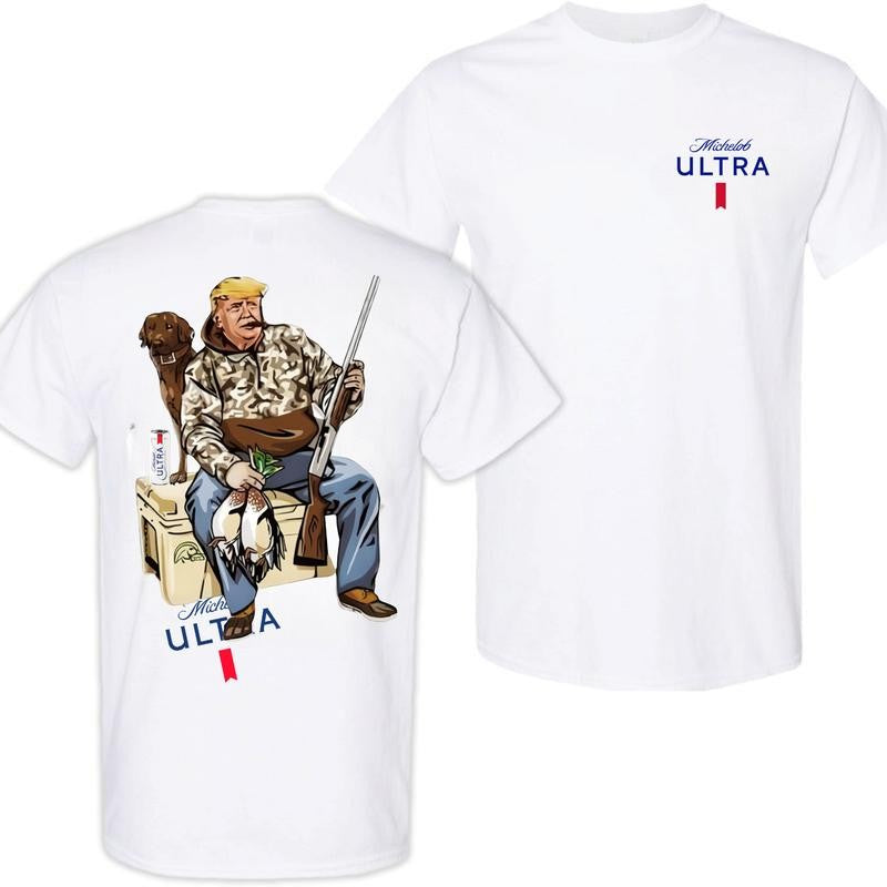 Busch Light, Hunter Trump With Michelob Ultra Beer 2 Siders T-shirt, Trump and Your Hunt Dog, Hunting Season, Perfect For Beer Lovers, Unisex T-Shirt, Cotton, Casual Graphic Trump T-shirt, Unisex T-shirt for Men and For Women