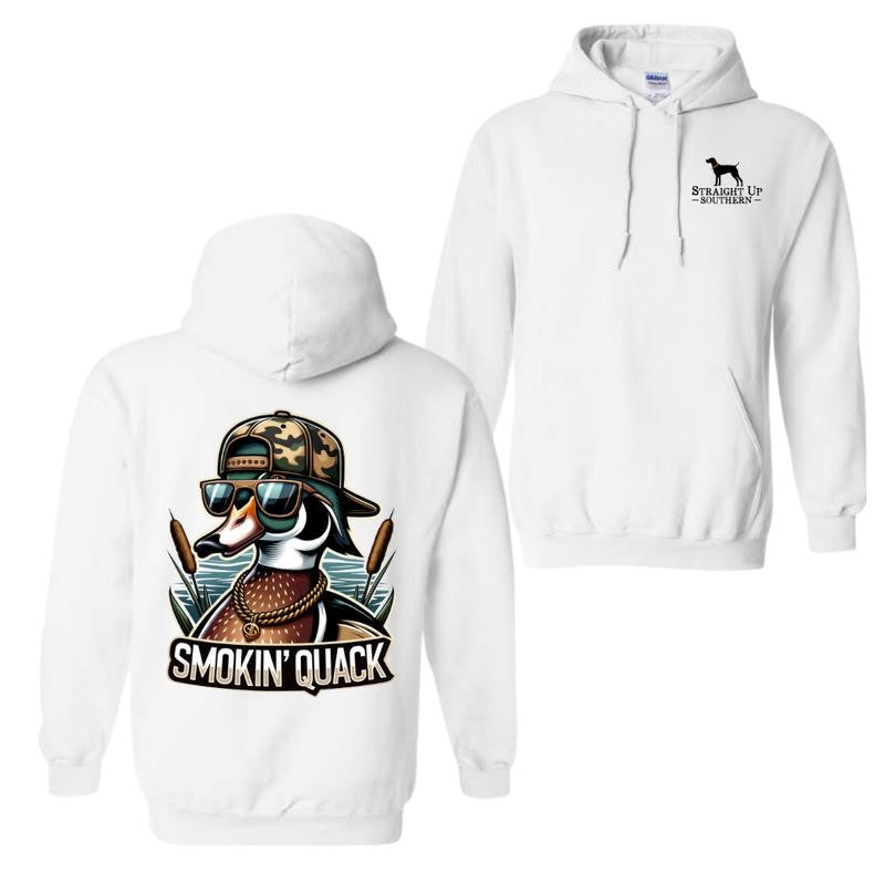 Smokin' Quack Hoodie and T-shirt - Sand design featuring a playful duck in sunglasses and a camo hat, unisex hoodies for man and women