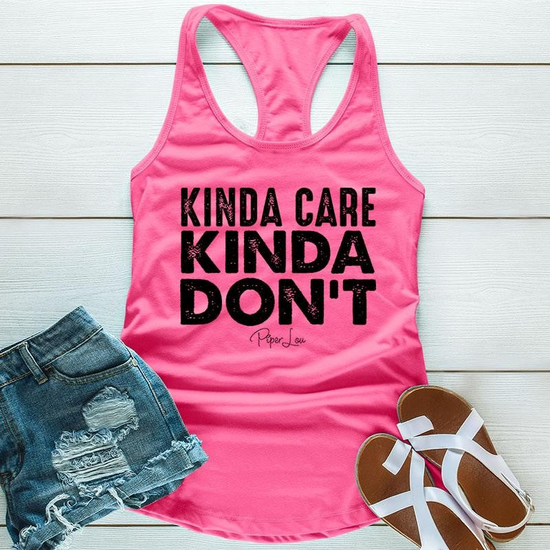 FLASH SALE | Kinda Care Kinda Don't Apparel, Proudly Printed In The USA, Tee / Tank / V Neck Gray / White / Blue / Hot Pink / Orange, #sassy #cute #blackprint