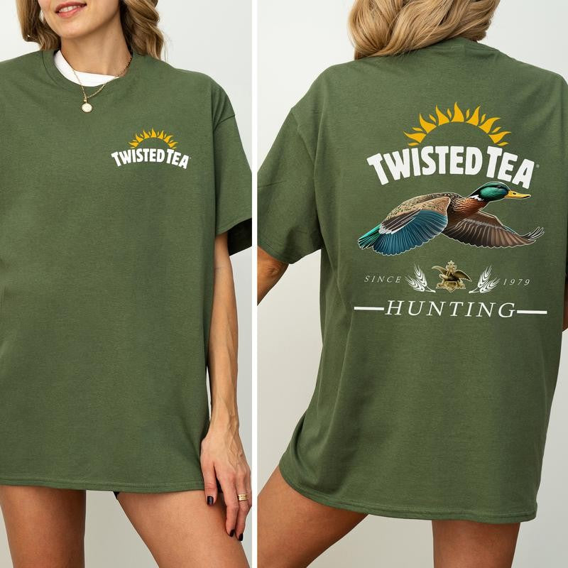 Vintage Twisted Tea Hunting Duck Shirt 2-Sided, Marllard Hunt Tshirt, Summer Hunting Graphic Printed Tee, Retro Drinking T-shirt, Drink Tee, Soft Cotton Fabric T-shirt, Women's Top, Casual Womenswear