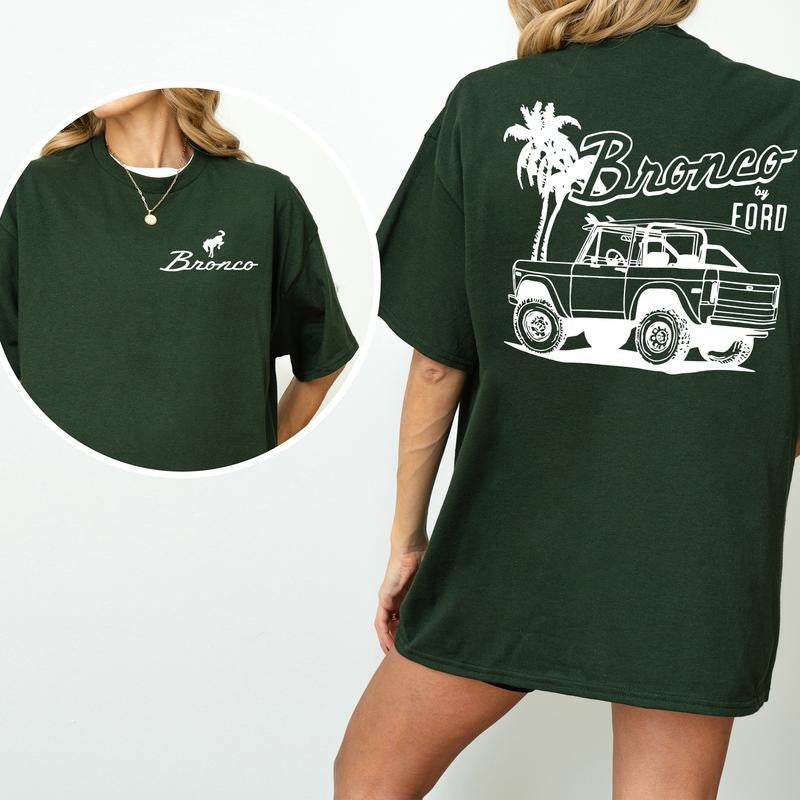 Vintage NDC Ford Bronco Graphic 2 Sided Shirt, Unisex Summer Beach Scene T-Shirt, Driving Tshirt for Men, Soft Cotton Fabric Tshirt, Casual Womenswear