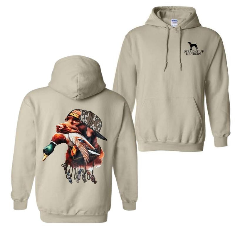 Straight Up Southern Hoodie â€“ Bold Brown Hunting Dog with Duck Graphic, Perfect for Outdoorsmen and Waterfowl Hunters, Unisex Hoodie for Adventure and Style Menswear Sweaters