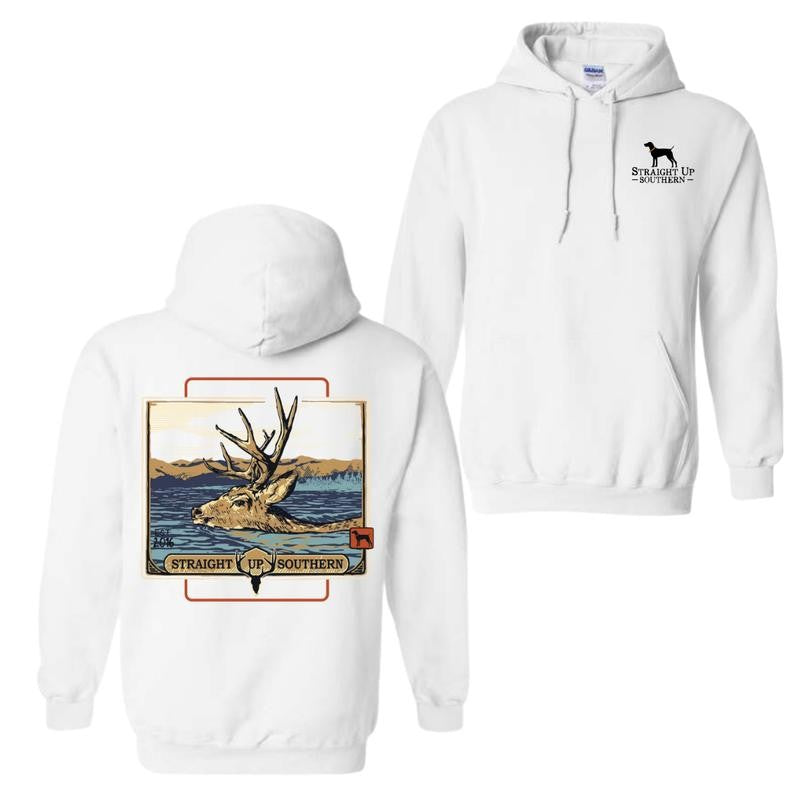 Straight Up Southern Unisex Hoodie - Bold Deer & Mountain Scene Design for Outdoor Enthusiasts and Nature Lovers