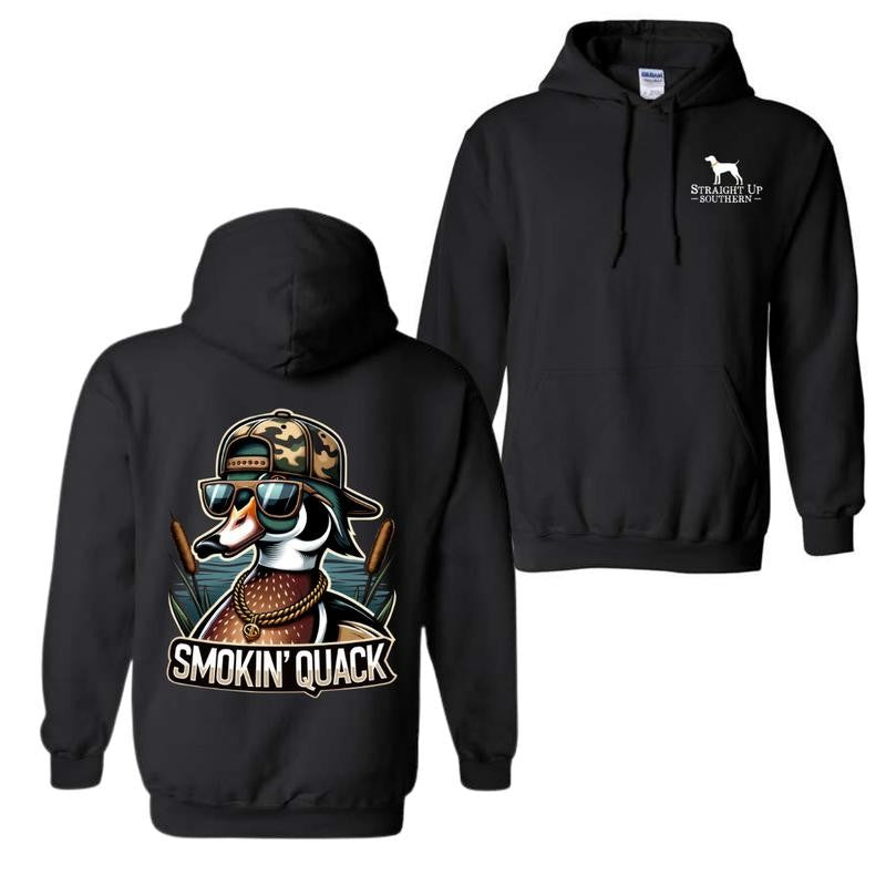 Smokin' Quack Hoodie and T-shirt - Sand design featuring a playful duck in sunglasses and a camo hat, unisex hoodies for man and women