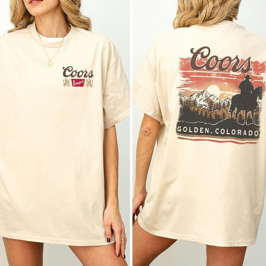 Vintage Coors Sunset in Golden Colorado Shirt 2-Sided, Golden Coors Banquet Printed Tee, Country Cowboy Shirt, Western Cowgirl T-shirt, Drink Tshirt, Soft Cotton Fabric Women's Top, Casual Womenswear