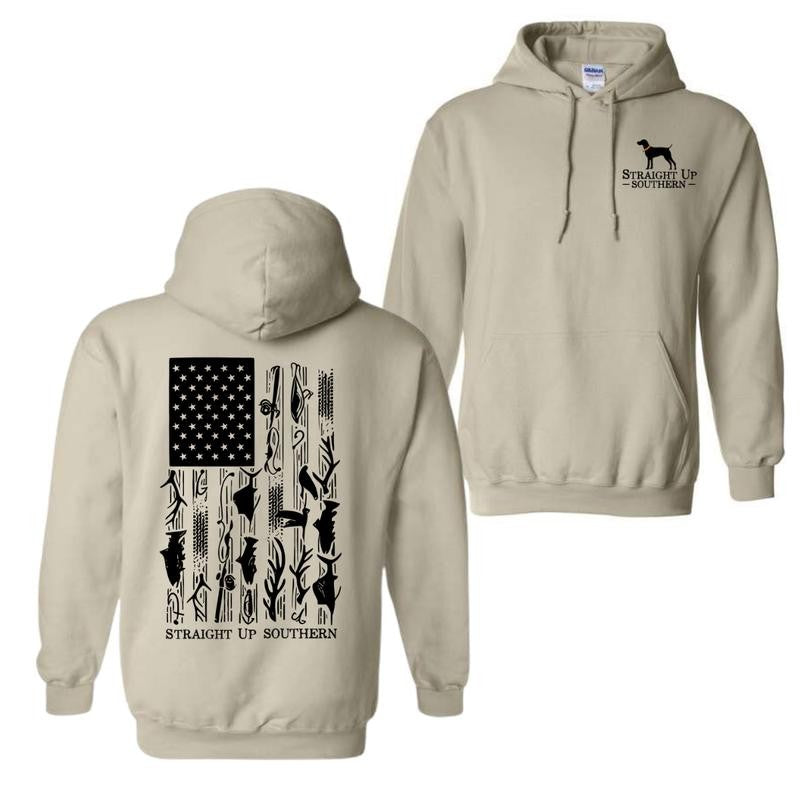 Straight Up Southern Hoodie, American Flag with Hunting and Fishing Icons Hoodie, Unisex Hoodie