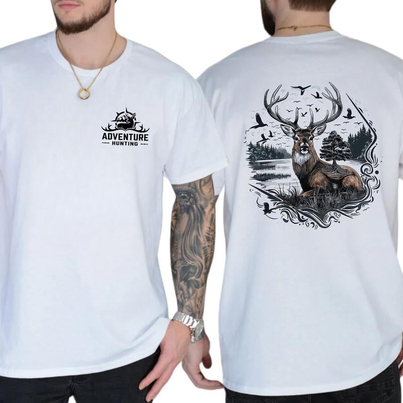 Adventure Hunting T-Shirt - Bold Buck Deer Graphic Tee, Classic Cotton Top, Soft Fabric Shortsleeve Shirt Fashion Fashion