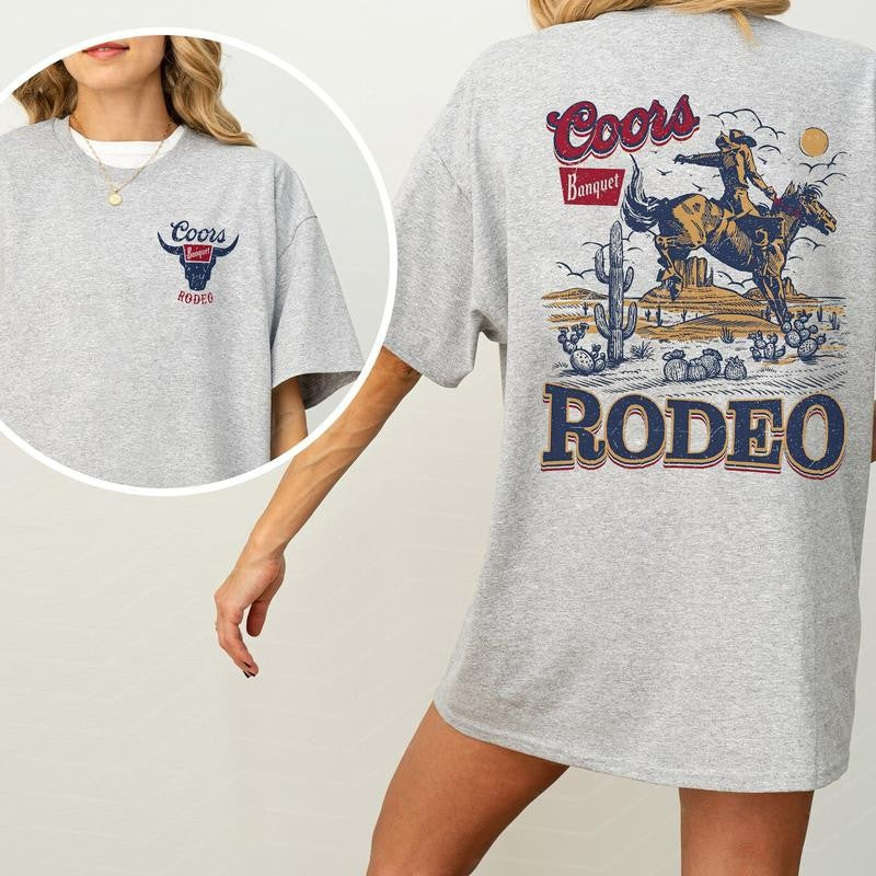 Coors Rodeo Vintage Graphic 2 Sided Shirt, Retro Rodeo T-Shirt, Wild Rodeo Yee Haw Cowboy T-shirt, Cowgirl Comfort Clothing, Cotton Fabric Tshirt, Printed Women's Top, Casual Womenswear, Drink Shirt