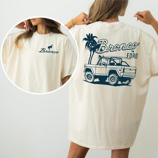 Vintage NDC Ford Bronco Graphic 2 Sided Shirt, Unisex Summer Beach Scene T-Shirt, Driving Tshirt for Men, Soft Cotton Fabric Tshirt, Casual Womenswear